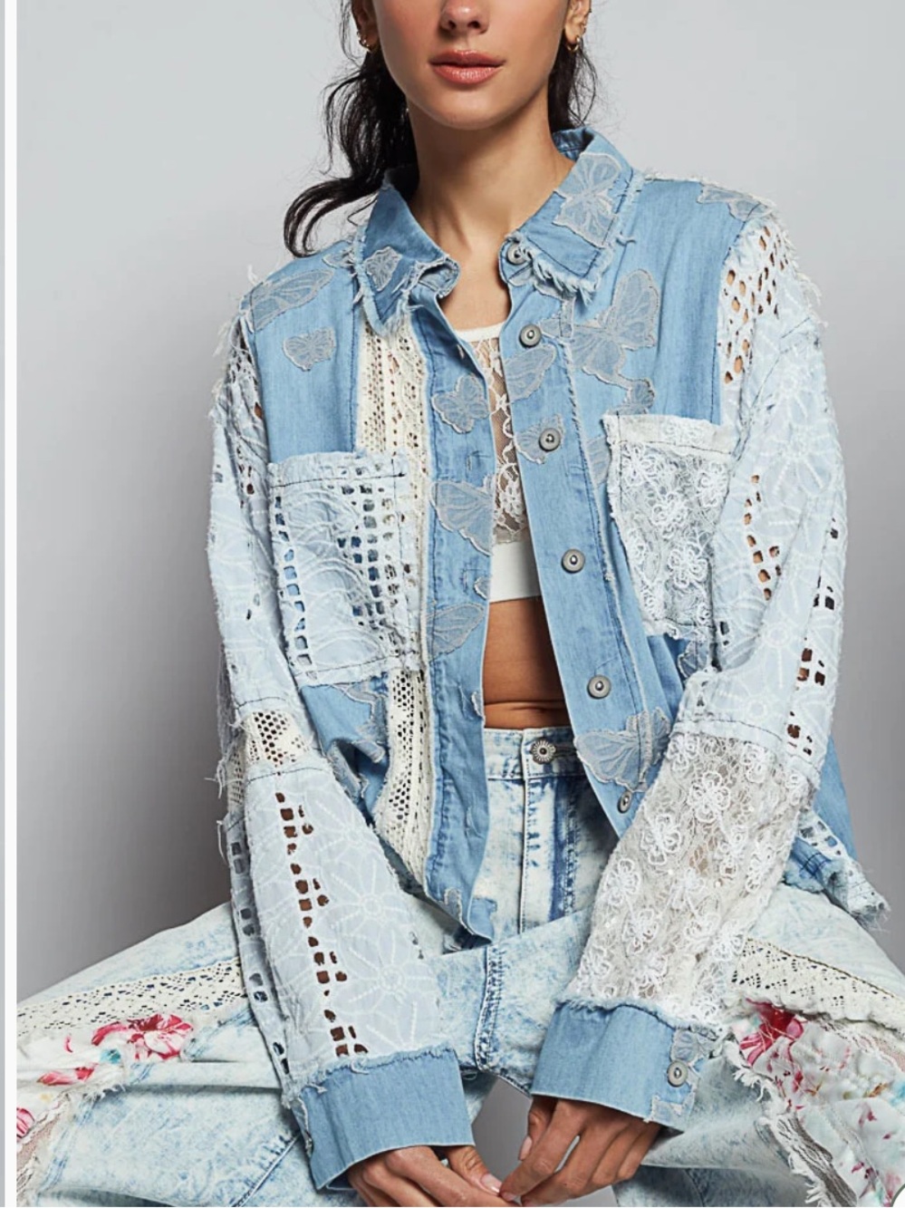 POL boutique patchwork denim button down boho top size Large